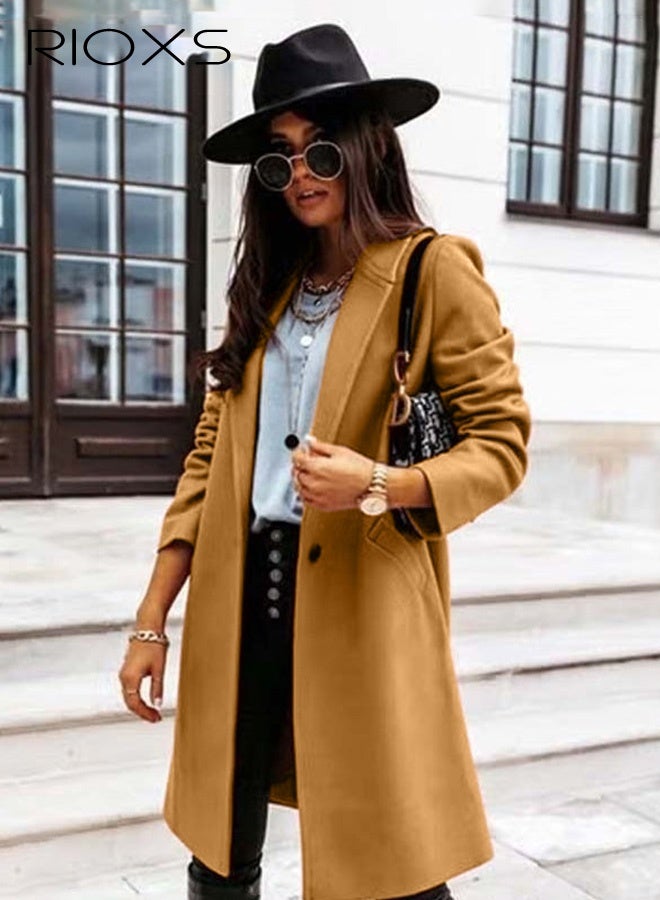 RIOXS Women's Notch Lapel Button Wool Blend Mid Long Coat, Stylish Warm Tweed Over Coat  Long Jacket with One Button and 2 Pockets, Winter Midi Long Pea Coat, Good for Street, Dating, Work, Office, Shopping or Everyday Wear, Dark Brown - Image 1